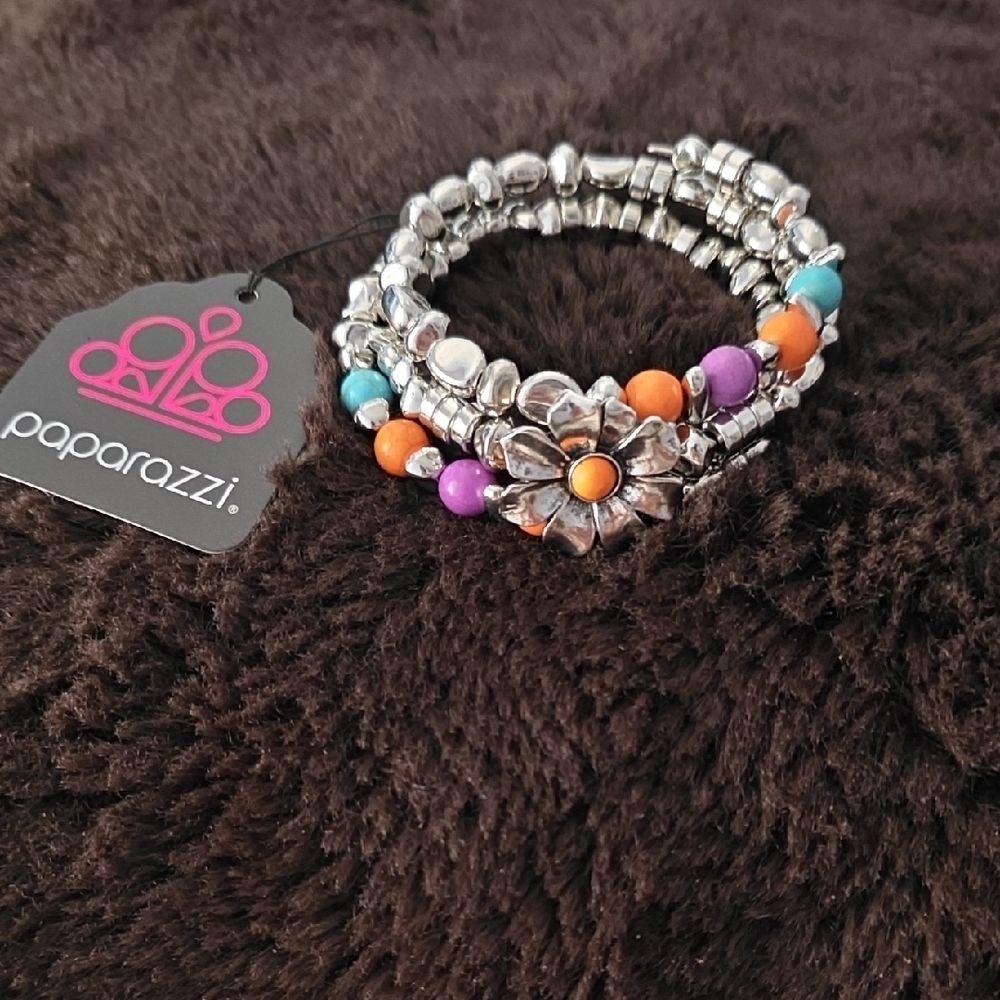 Paparazzi Silver Coil Bracelet with Turquoise, Orange & Purple Beads
